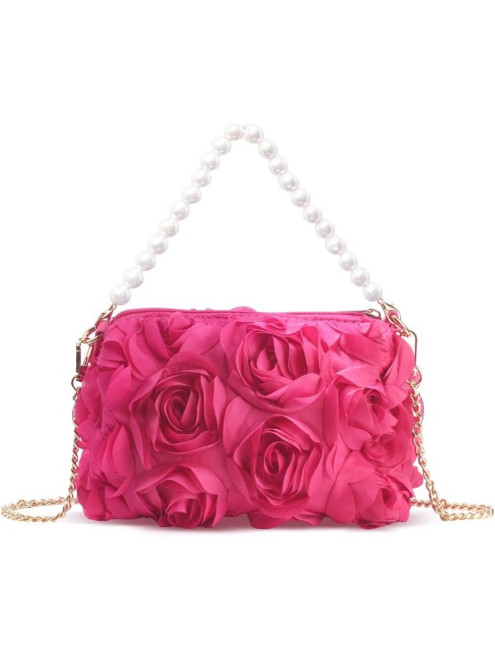 Women's Rose Red 3D Floral Chiffon Pearl Beaded Top Handle Evening Clutch Purse